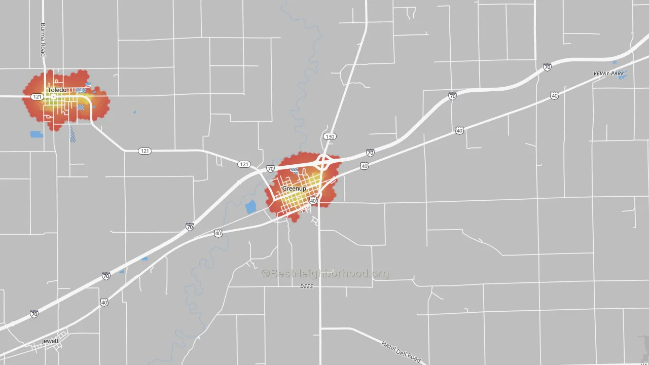 Walk Grade map of Greenup, IL, walkable areas in green and car-dependent areas in red