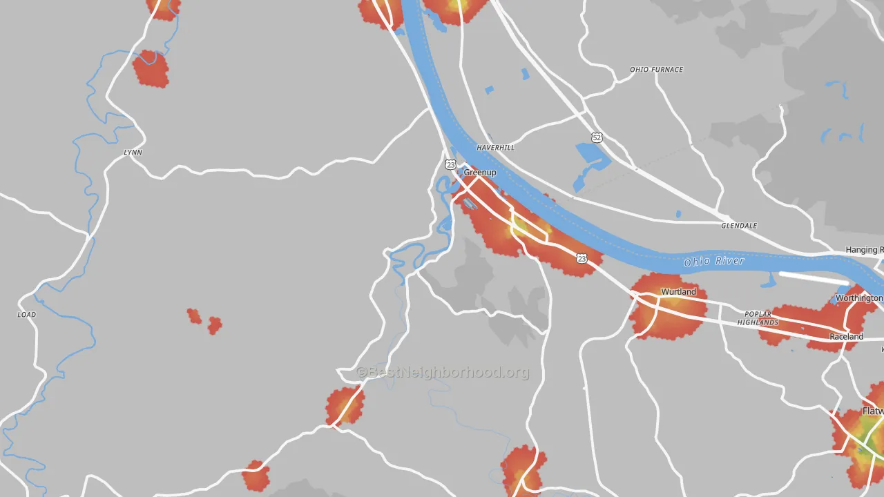 Walk Grade map of Greenup, KY, walkable areas in green and car-dependent areas in red