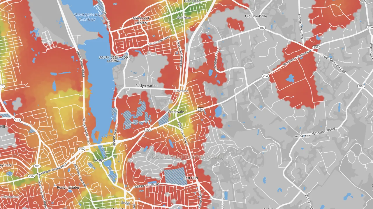 Walk Grade map of Greenvale, NY, walkable areas in green and car-dependent areas in red