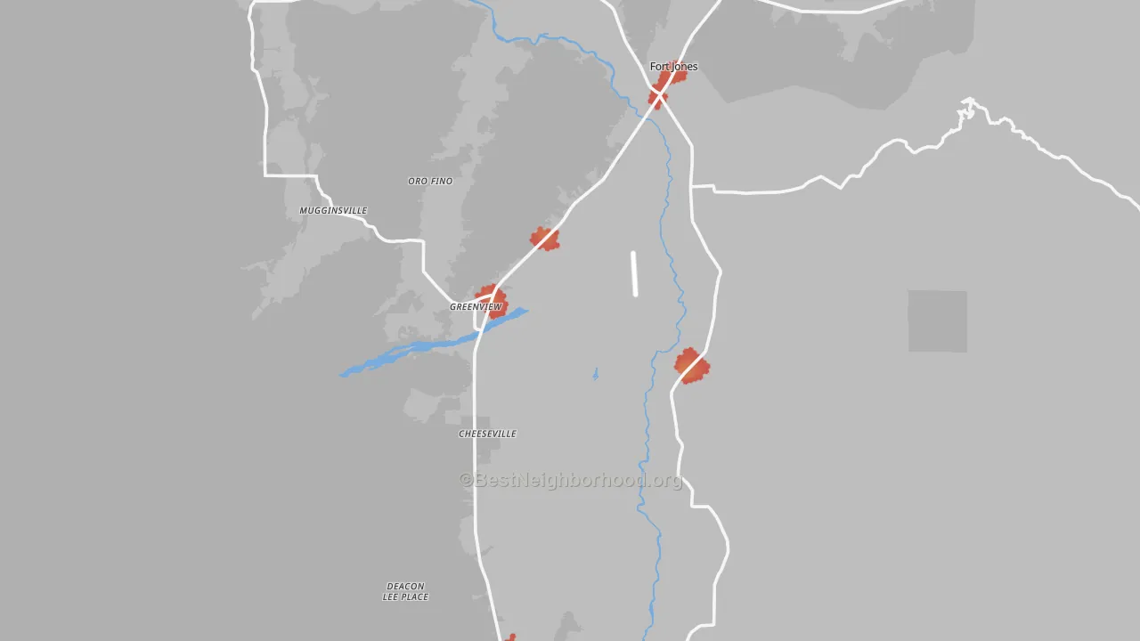 Walk Grade map of Greenview, CA, walkable areas in green and car-dependent areas in red