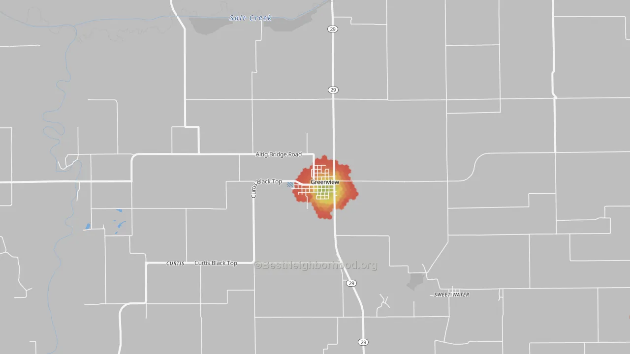 Walk Grade map of Greenview, IL, walkable areas in green and car-dependent areas in red