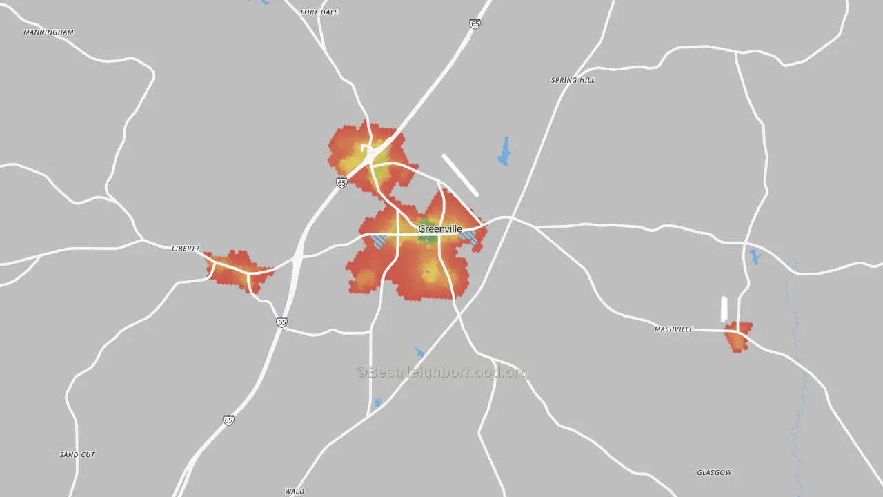 Walk Grade map of Greenville, AL, walkable areas in green and car-dependent areas in red