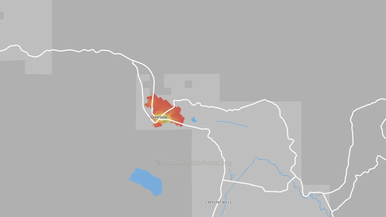 Walk Grade map of Greenville, CA, walkable areas in green and car-dependent areas in red