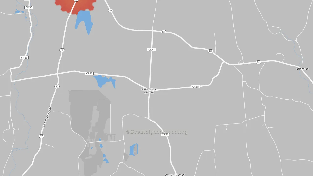 Walk Grade map of Greenville Center, NY, walkable areas in green and car-dependent areas in red