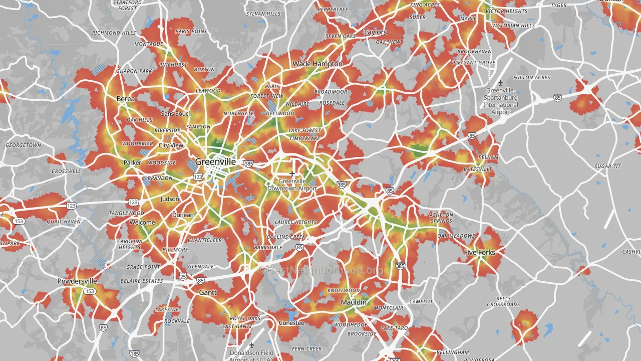 Walk Grade map of Greenville County, SC, walkable areas in green and car-dependent areas in red