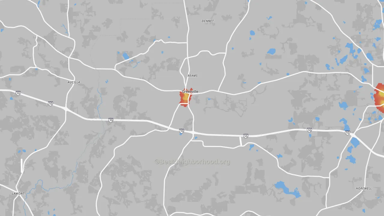 Walk Grade map of Greenville, FL, walkable areas in green and car-dependent areas in red