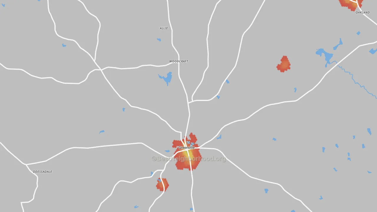 Walk Grade map of Greenville, GA, walkable areas in green and car-dependent areas in red