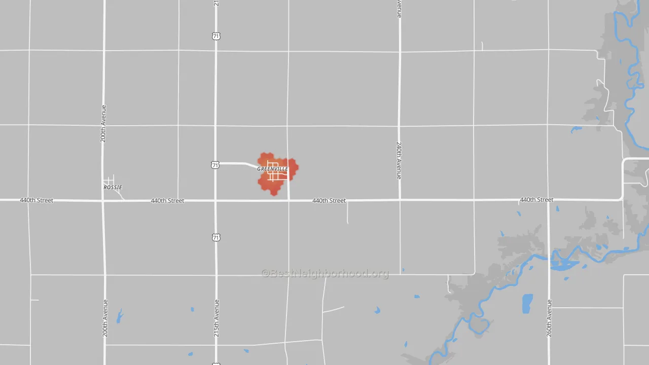 Walk Grade map of Greenville, IA, walkable areas in green and car-dependent areas in red