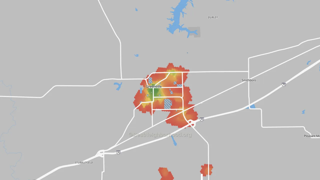 Walk Grade map of Greenville, IL, walkable areas in green and car-dependent areas in red