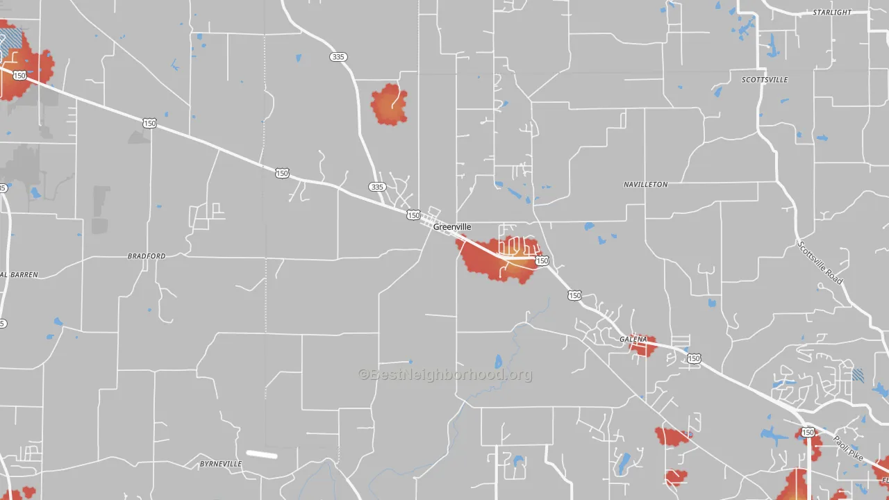 Walk Grade map of Greenville, IN, walkable areas in green and car-dependent areas in red