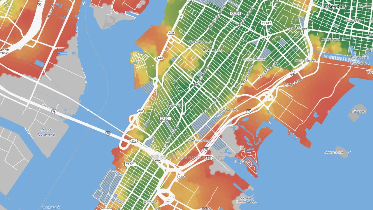 Walk Grade map of Greenville, Jersey City, NJ, walkable areas in green and car-dependent areas in red
