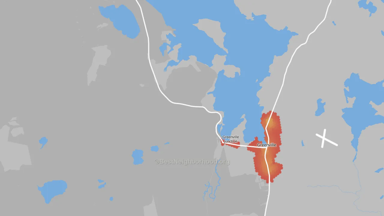 Walk Grade map of Greenville Junction, ME, walkable areas in green and car-dependent areas in red