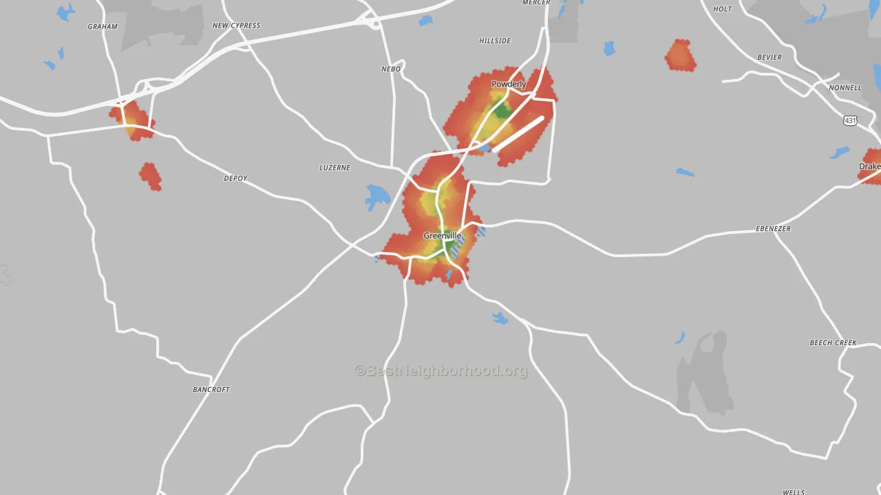 Walk Grade map of Greenville, KY, walkable areas in green and car-dependent areas in red