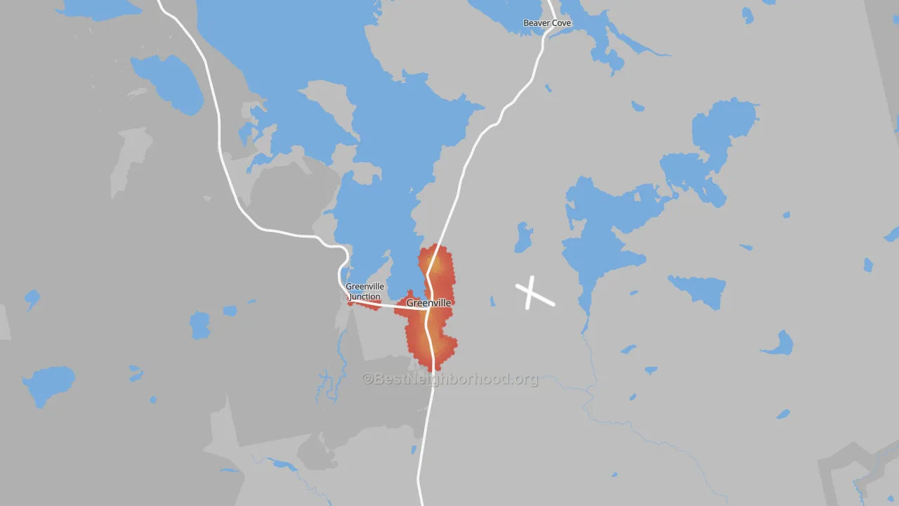 Walk Grade map of Greenville, ME, walkable areas in green and car-dependent areas in red