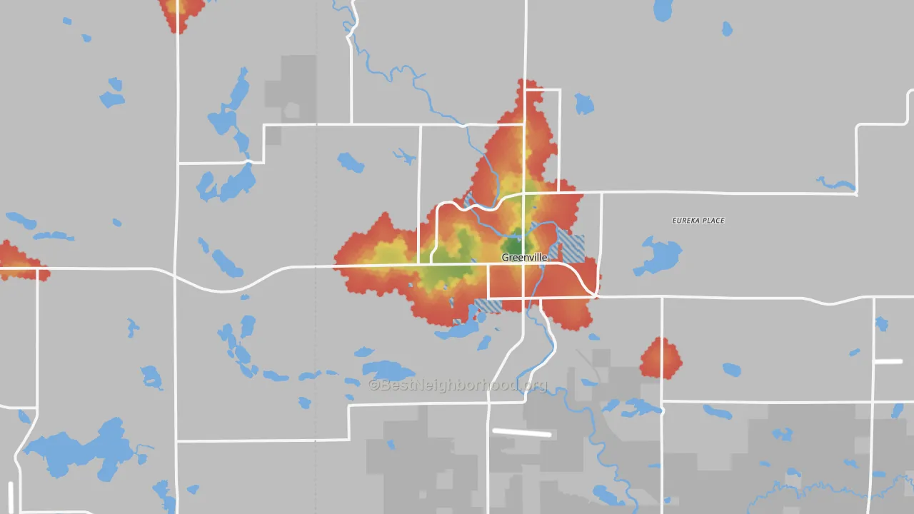 Walk Grade map of Greenville, MI, walkable areas in green and car-dependent areas in red