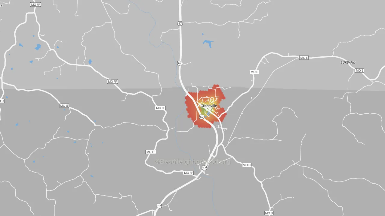 Walk Grade map of Greenville, MO, walkable areas in green and car-dependent areas in red