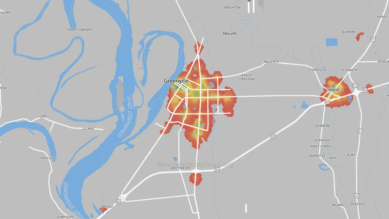 Walk Grade map of Greenville, MS, walkable areas in green and car-dependent areas in red