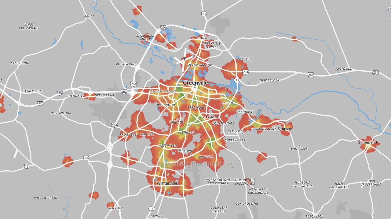 Walk Grade map of Greenville, NC, walkable areas in green and car-dependent areas in red