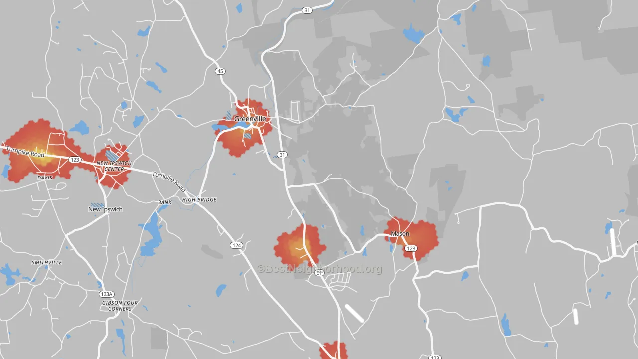 Walk Grade map of Greenville, NH, walkable areas in green and car-dependent areas in red
