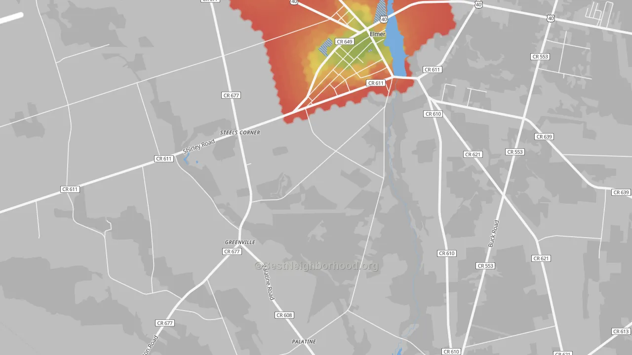 Walk Grade map of Greenville, NJ, walkable areas in green and car-dependent areas in red