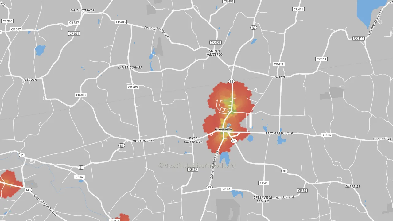 Walk Grade map of Greenville, NY, walkable areas in green and car-dependent areas in red