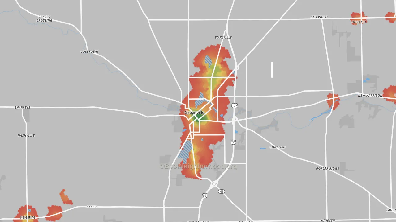 Walk Grade map of Greenville, OH, walkable areas in green and car-dependent areas in red