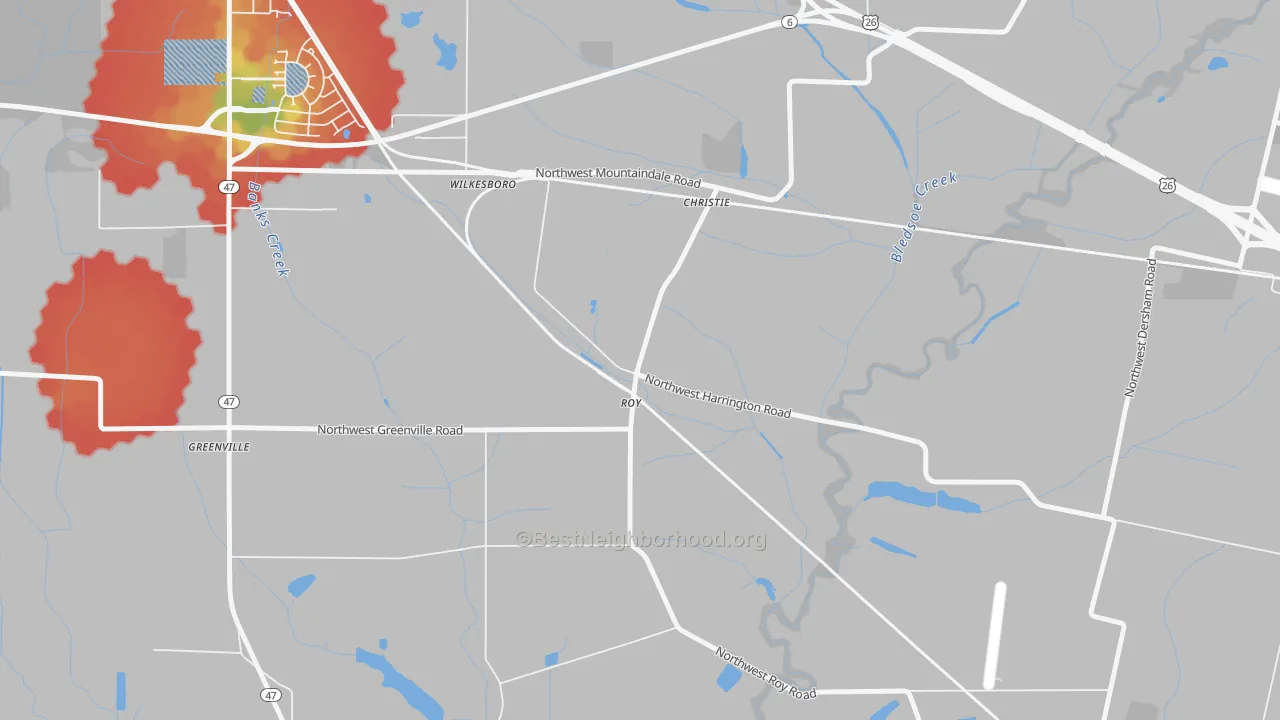 Walk Grade map of Greenville, OR, walkable areas in green and car-dependent areas in red