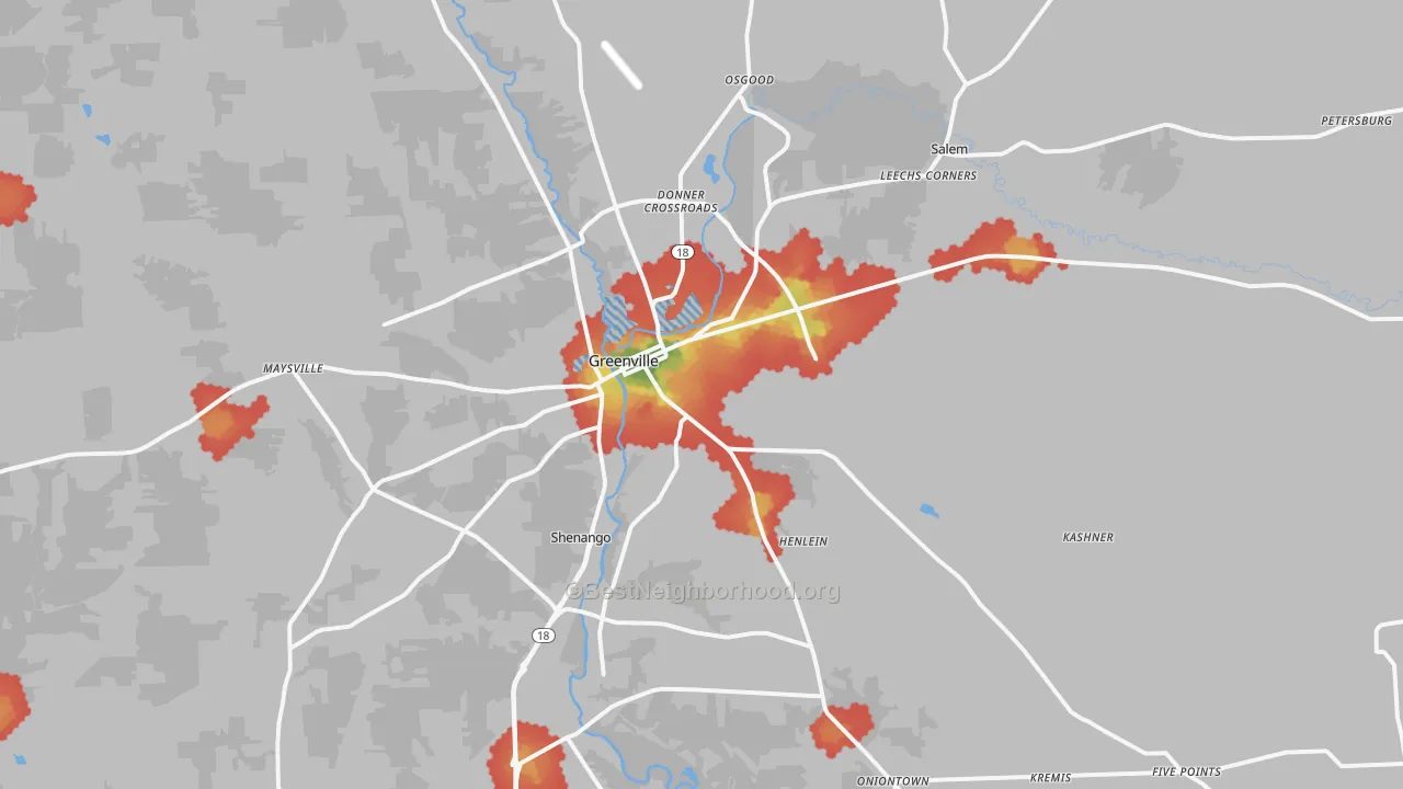 Walk Grade map of Greenville, PA, walkable areas in green and car-dependent areas in red