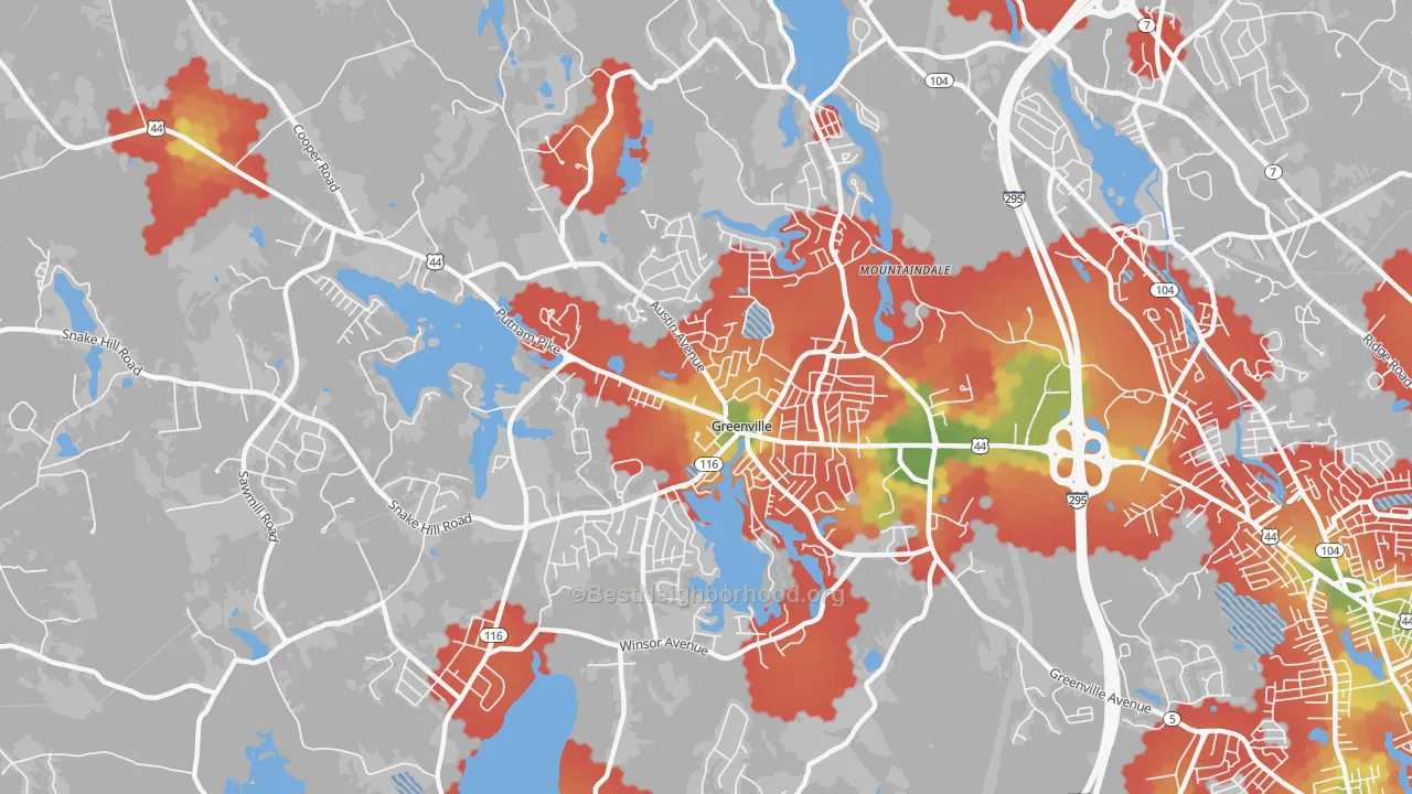 Walk Grade map of Greenville, RI, walkable areas in green and car-dependent areas in red