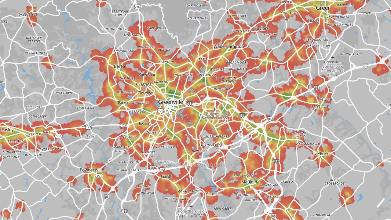 Walk Grade map of Greenville, SC, walkable areas in green and car-dependent areas in red