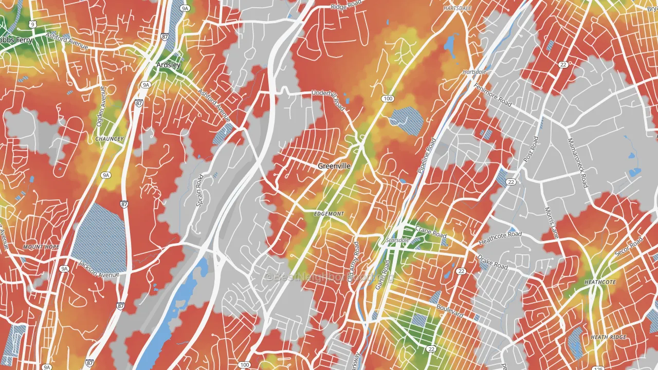 Walk Grade map of Greenville, Scarsdale, NY, walkable areas in green and car-dependent areas in red