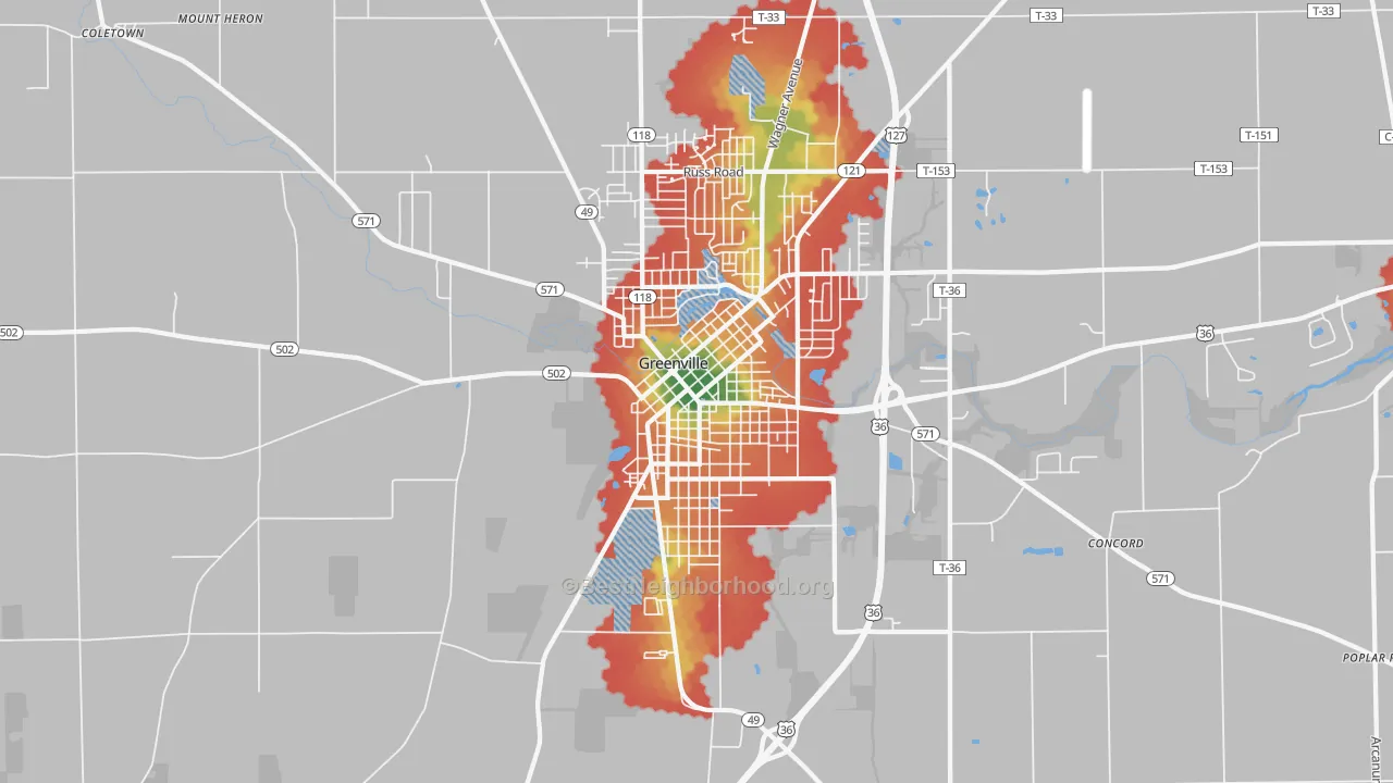 Walk Grade map of Greenville South Broadway Historic District, Greenville, OH, walkable areas in green and car-dependent areas in red