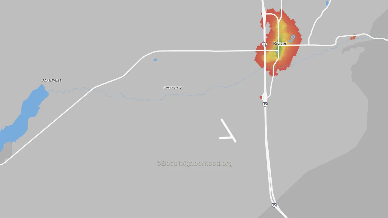 Walk Grade map of Greenville, UT, walkable areas in green and car-dependent areas in red