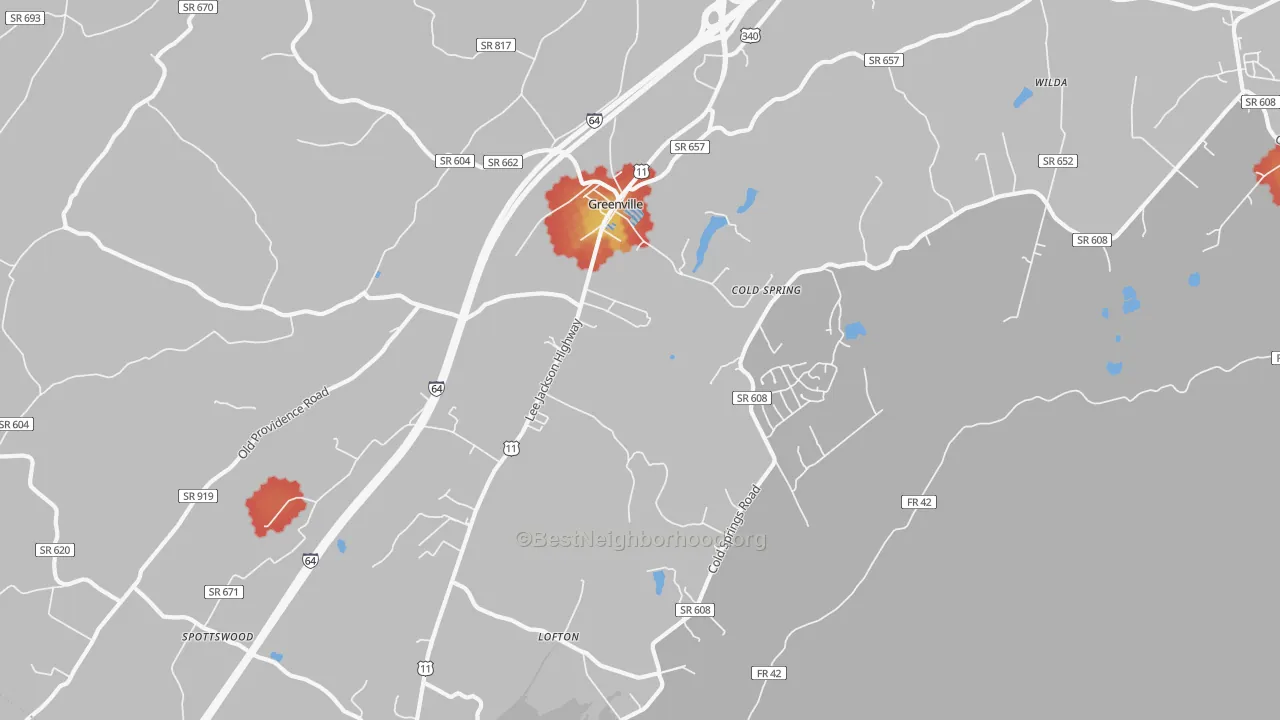 Walk Grade map of Greenville, VA, walkable areas in green and car-dependent areas in red