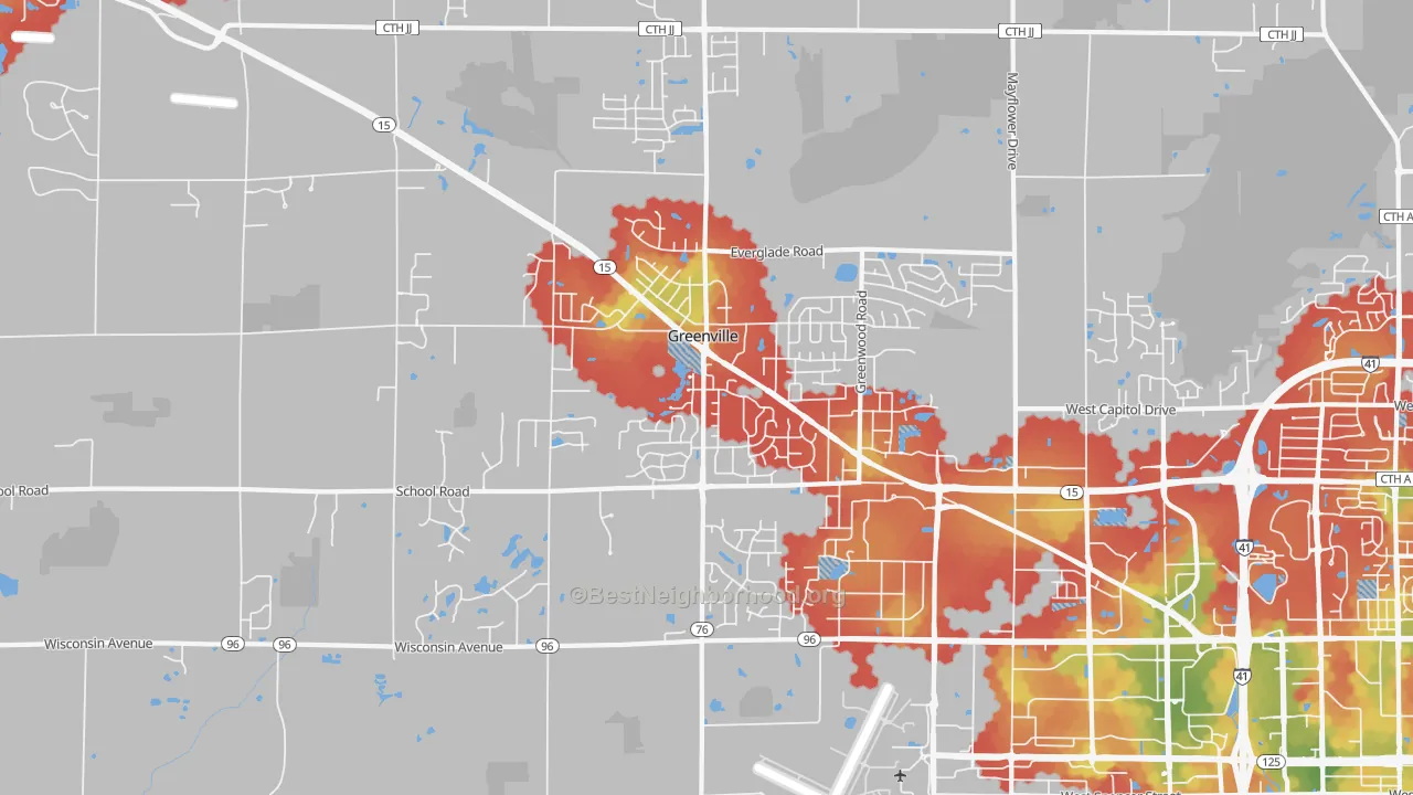 Walk Grade map of Greenville, WI, walkable areas in green and car-dependent areas in red