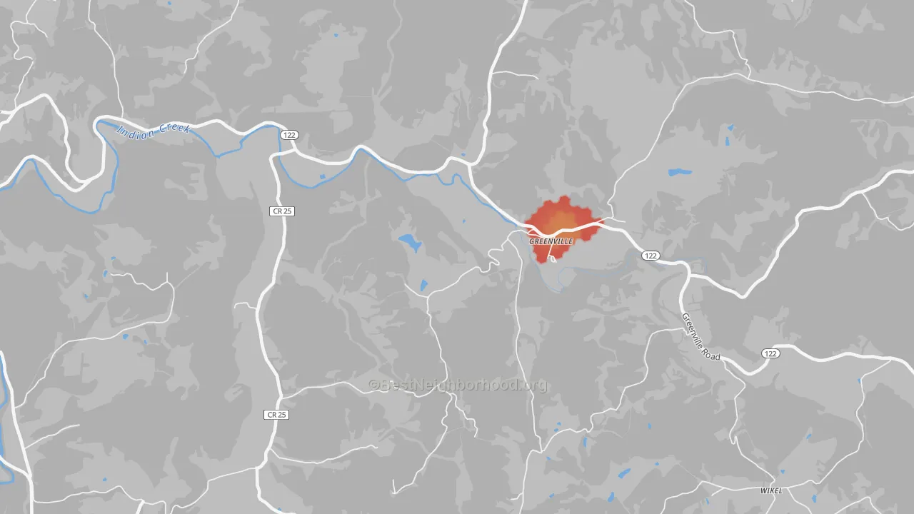 Walk Grade map of Greenville, WV, walkable areas in green and car-dependent areas in red