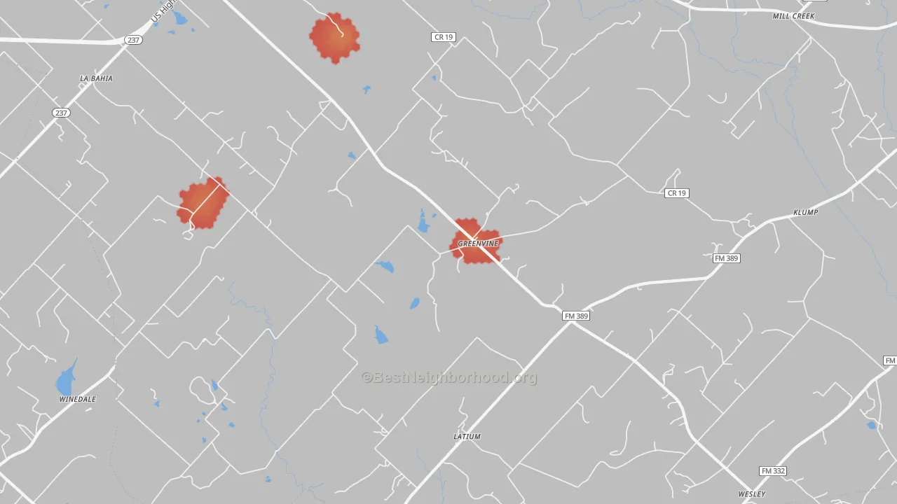 Walk Grade map of Greenvine, TX, walkable areas in green and car-dependent areas in red