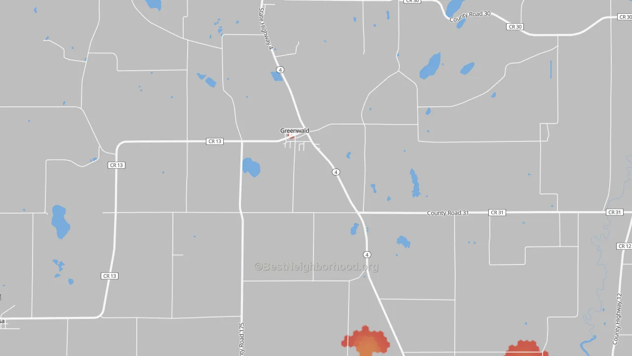 Walk Grade map of Greenwald, MN, walkable areas in green and car-dependent areas in red