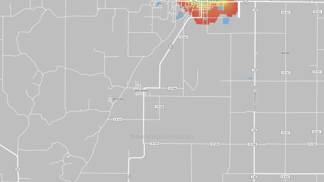 Walk Grade map of Greenway, AR, walkable areas in green and car-dependent areas in red