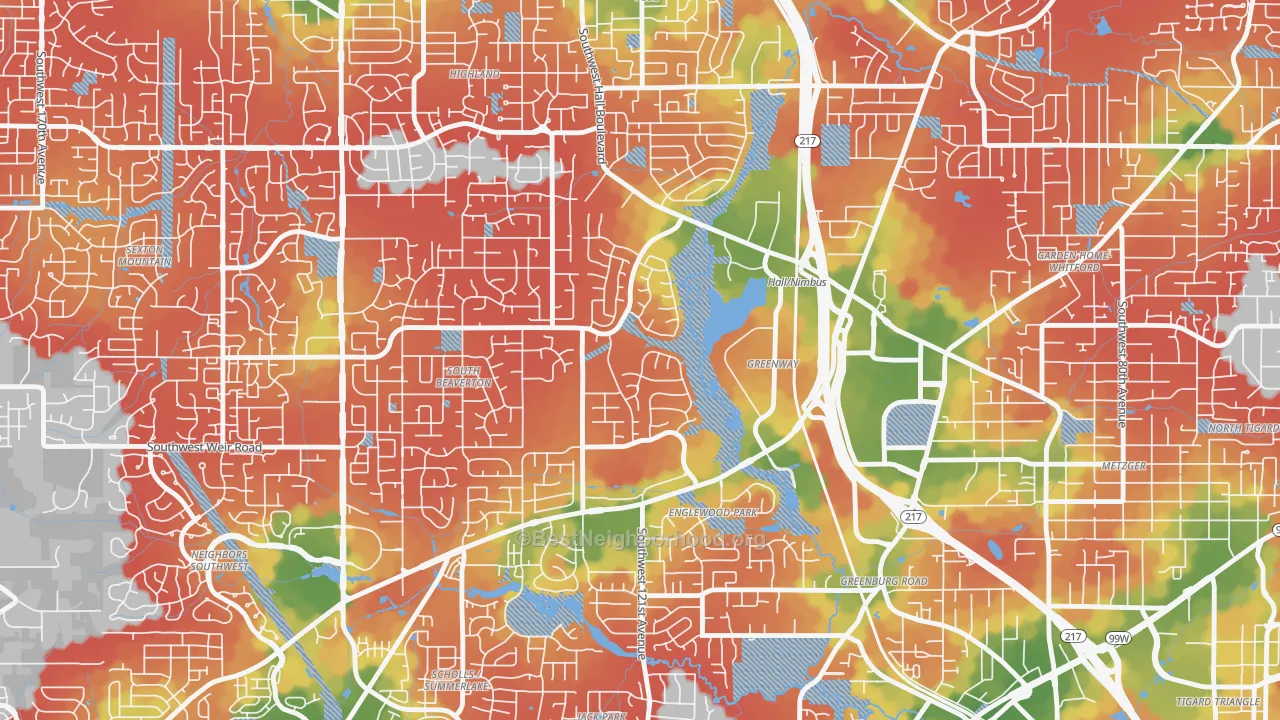 Walk Grade map of Greenway, Beaverton, OR, walkable areas in green and car-dependent areas in red