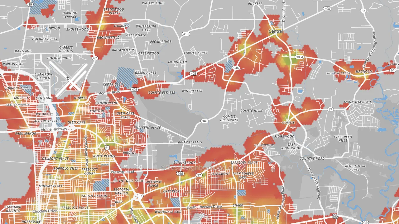 Walk Grade map of Greenwell Springs-Central Area, Baton Rouge, LA, walkable areas in green and car-dependent areas in red