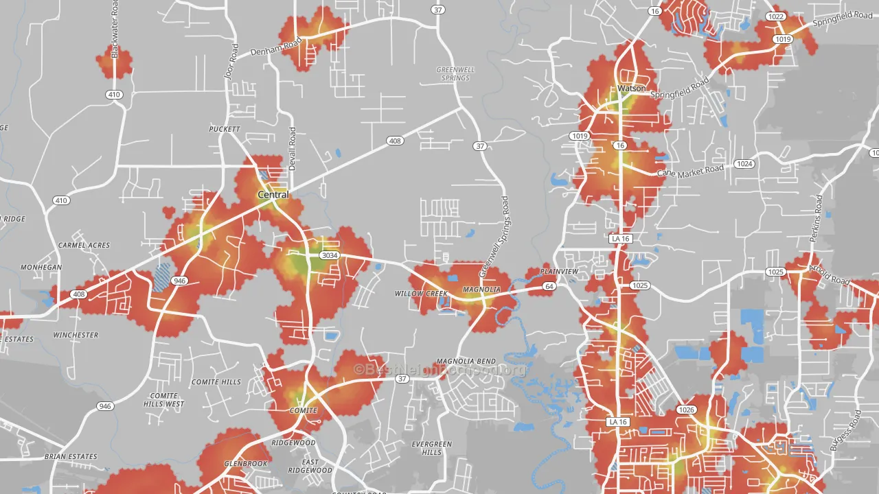 Walk Grade map of Greenwell Springs, LA, walkable areas in green and car-dependent areas in red