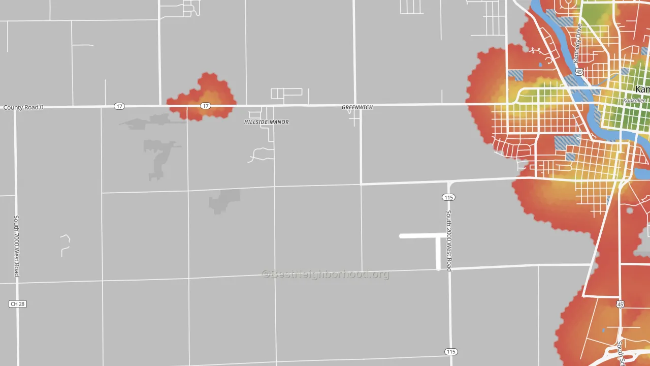 Walk Grade map of Greenwich, IL, walkable areas in green and car-dependent areas in red