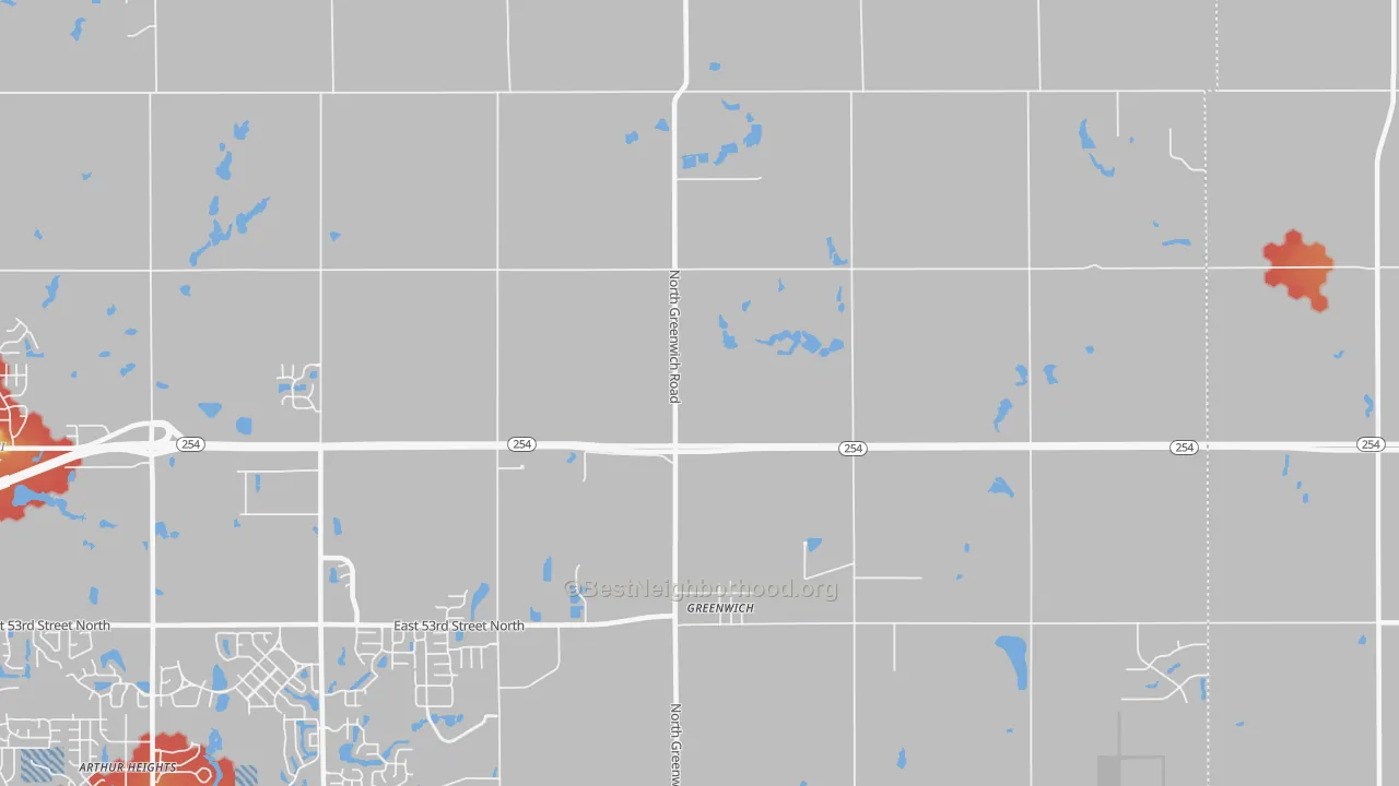 Walk Grade map of Greenwich, KS, walkable areas in green and car-dependent areas in red