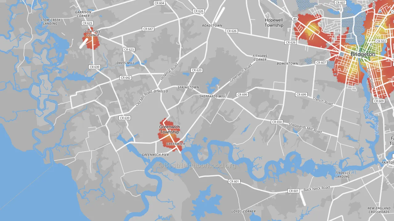 Walk Grade map of Greenwich, NJ, walkable areas in green and car-dependent areas in red