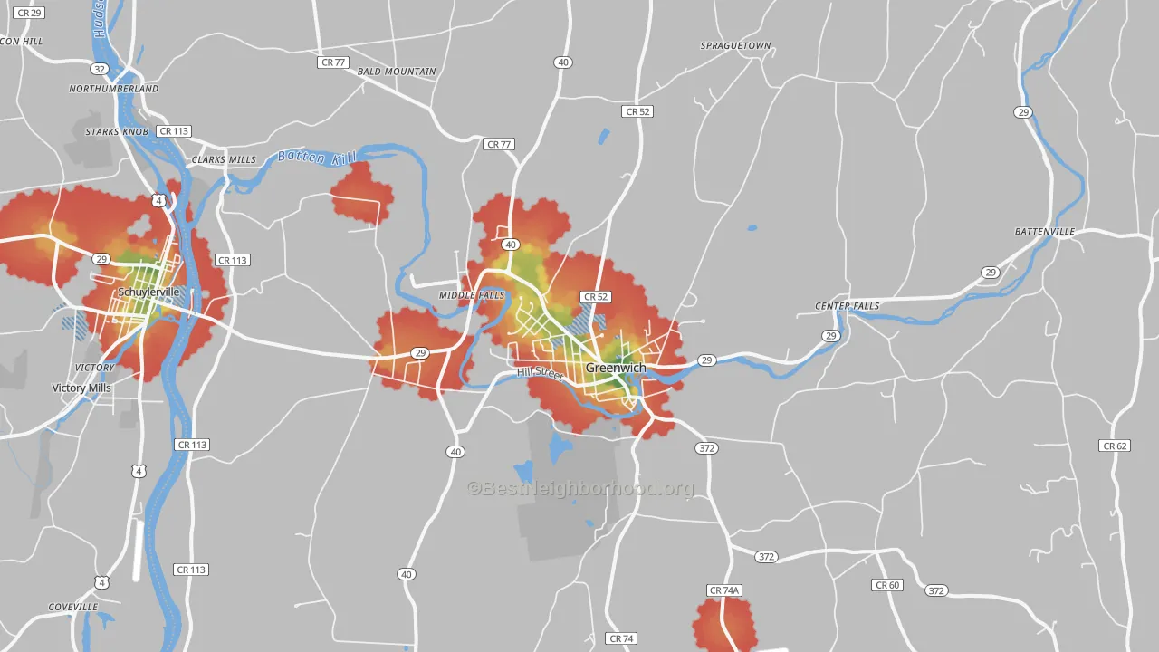 Walk Grade map of Greenwich, NY, walkable areas in green and car-dependent areas in red