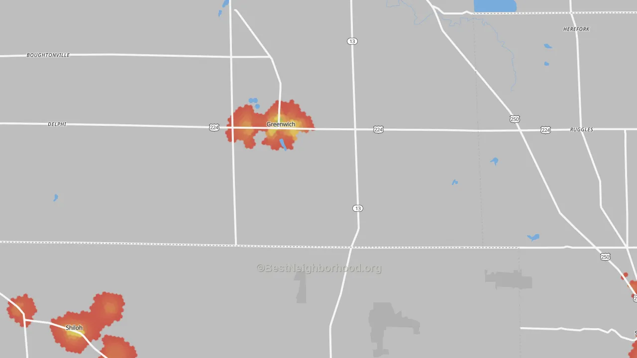 Walk Grade map of Greenwich, OH, walkable areas in green and car-dependent areas in red