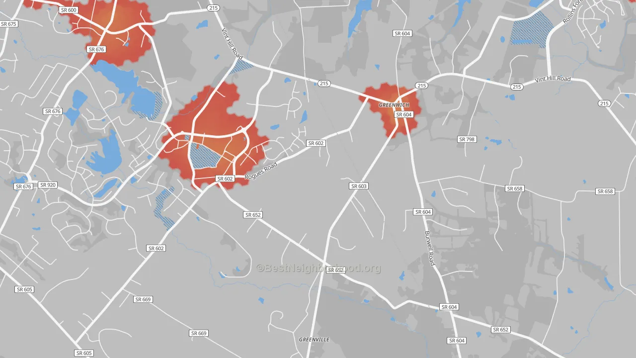 Walk Grade map of Greenwich, VA, walkable areas in green and car-dependent areas in red