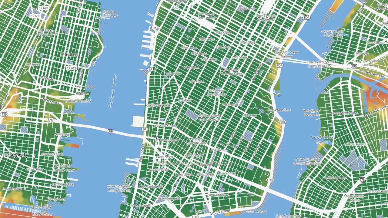 Walk Grade map of Greenwich Village, Manhattan, NY, walkable areas in green and car-dependent areas in red