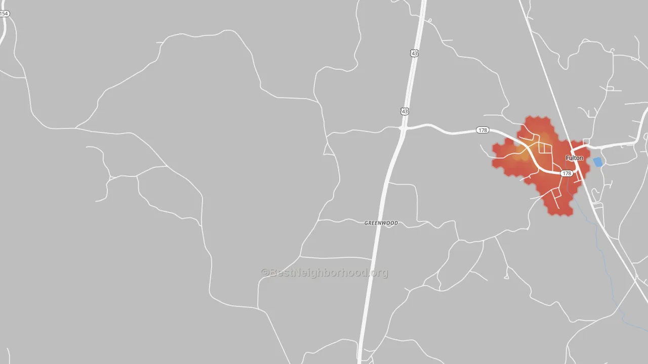 Walk Grade map of Greenwood, AL, walkable areas in green and car-dependent areas in red